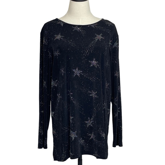 Quacker Factory Long Sleeve Top Black with Silver Shooting Stars Size Large - Picture 1 of 11